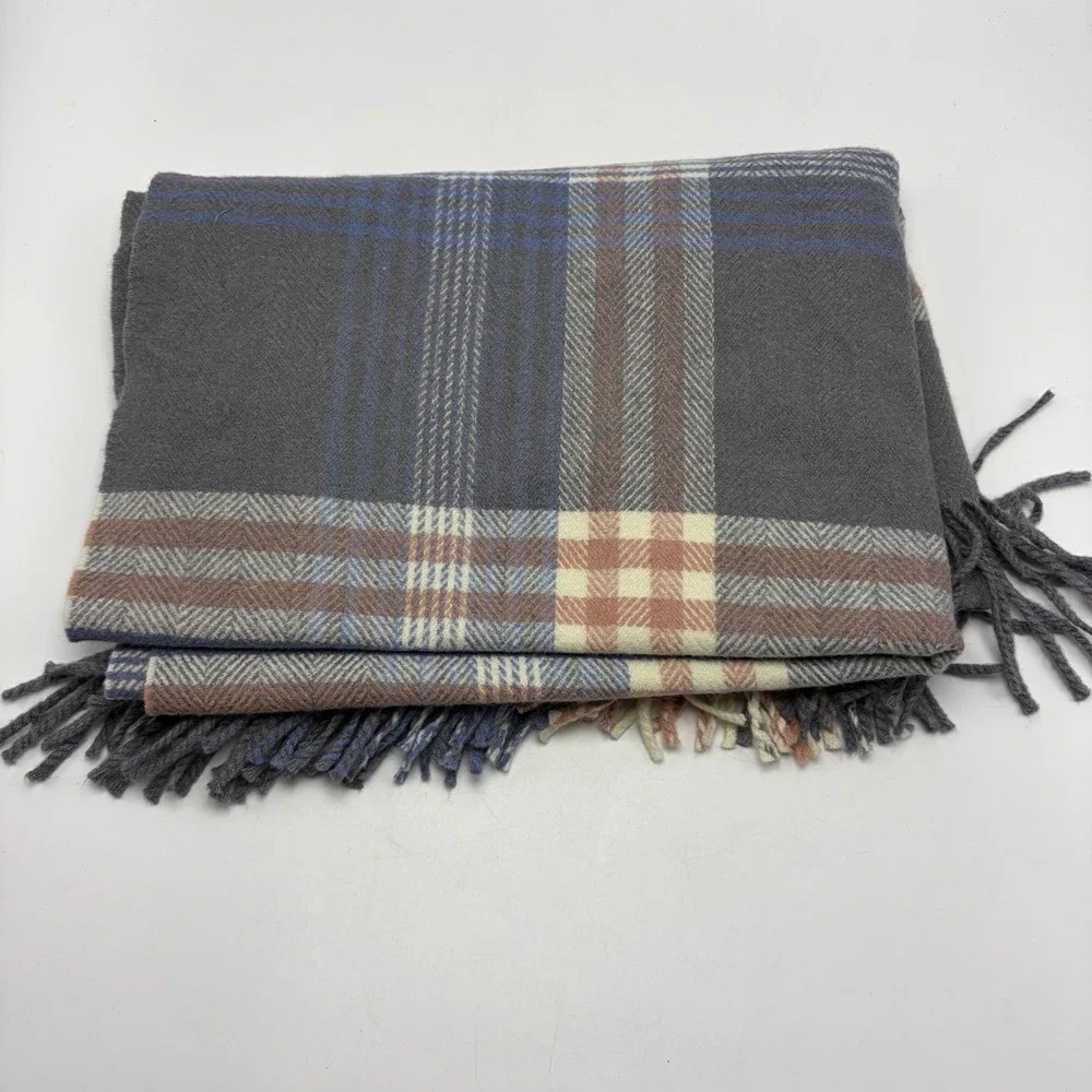 100% Cashmere Large Scarf Womens Blue Plaid Fringe Travel Luxury Soft Wrap Money
